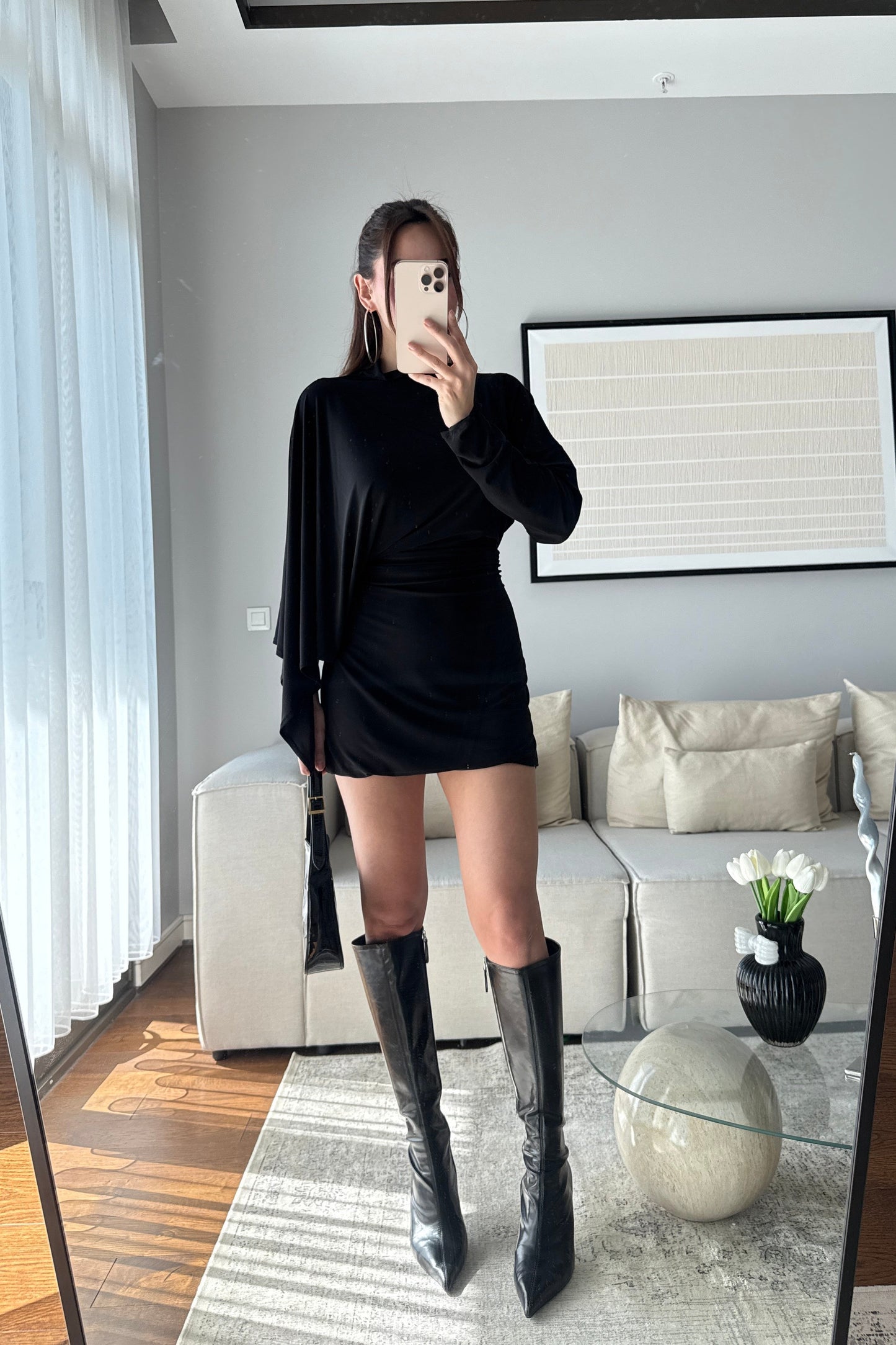 ASİMETRİK KESİM DRAPELİ ELBİSE-SİYAH