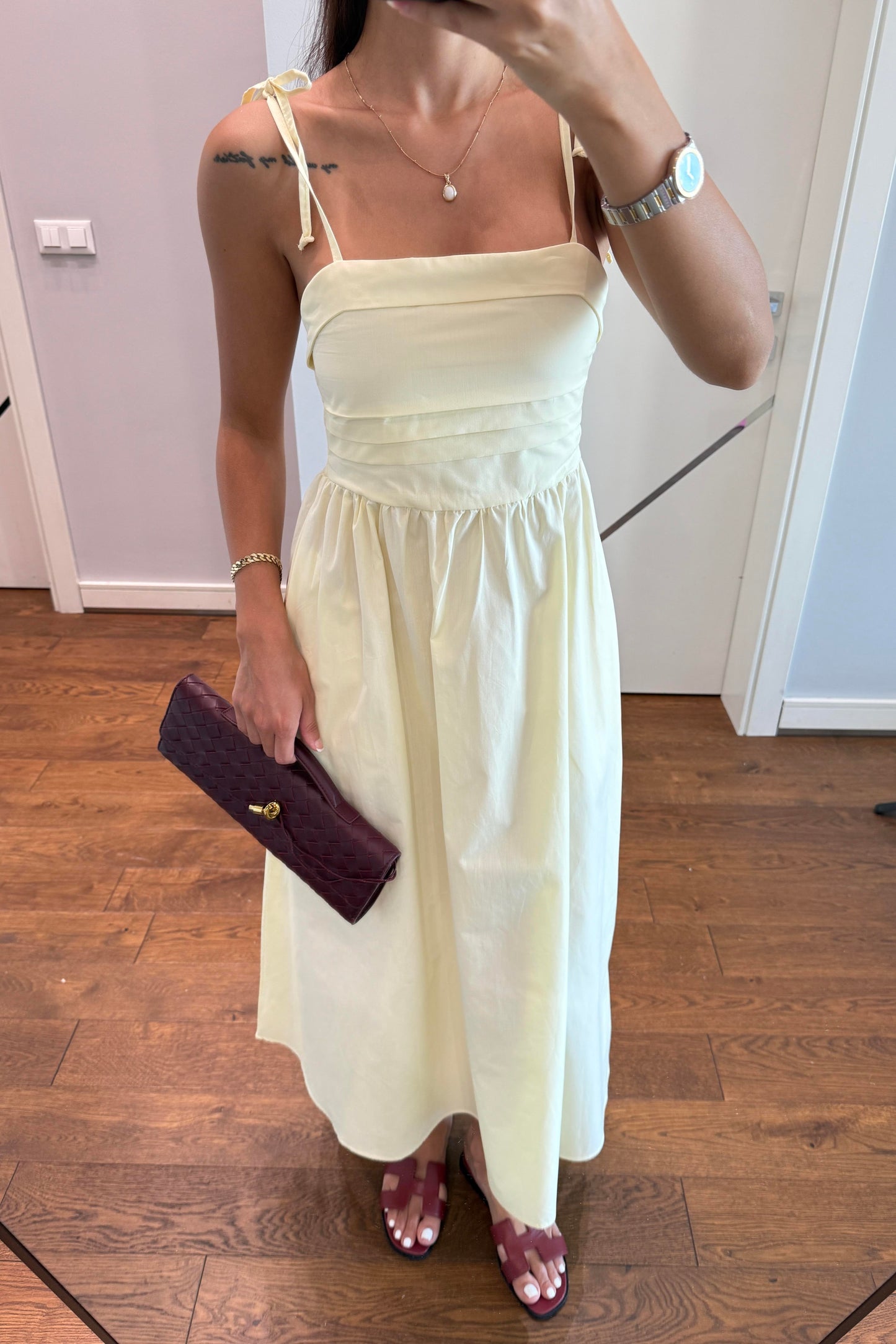 ASKILARI BAĞLAMALI POPLİN ELBİSE - SARI