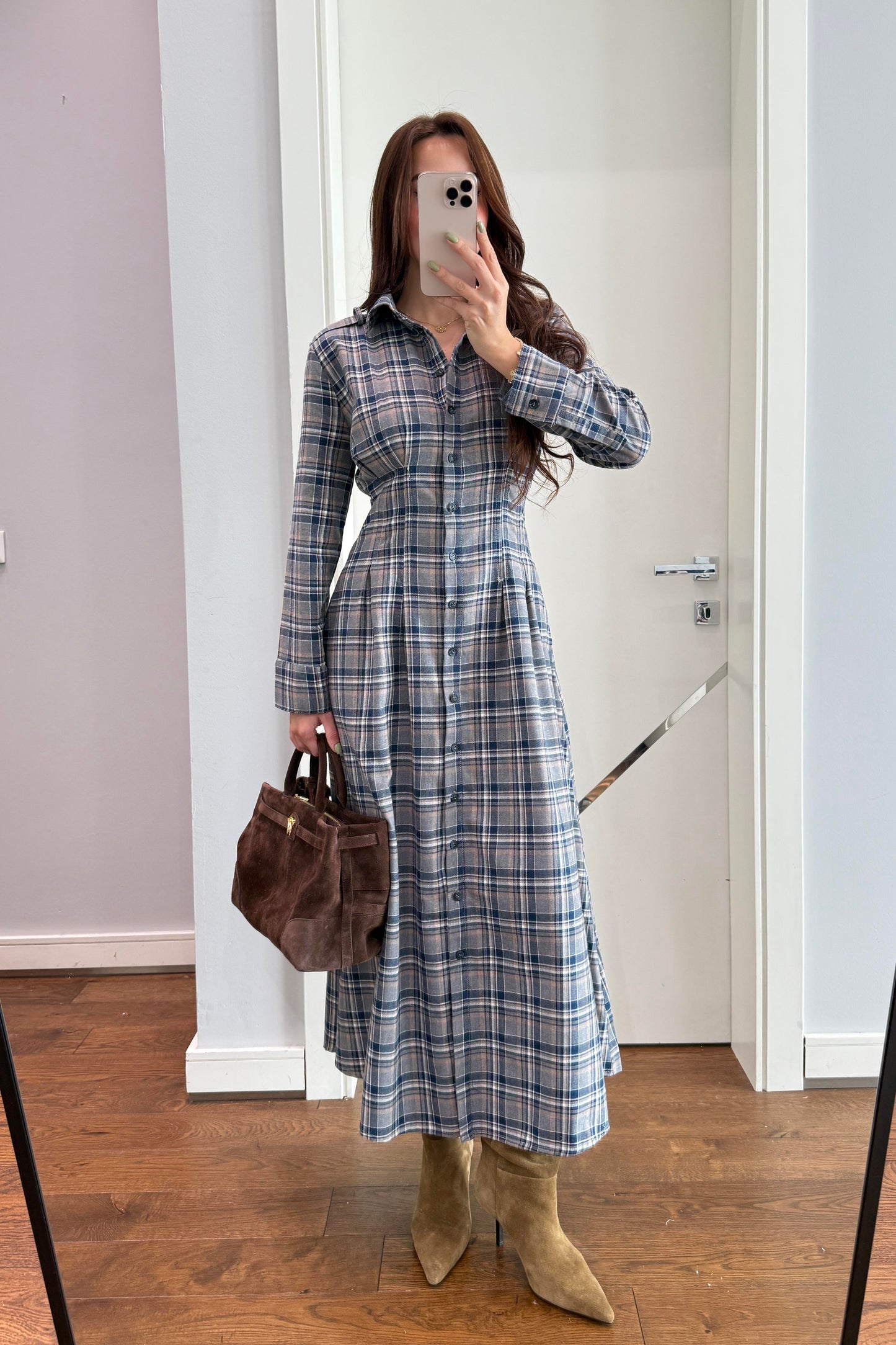 BELDEN OTURTMALI EKOSE ELBİSE-LACİVERT