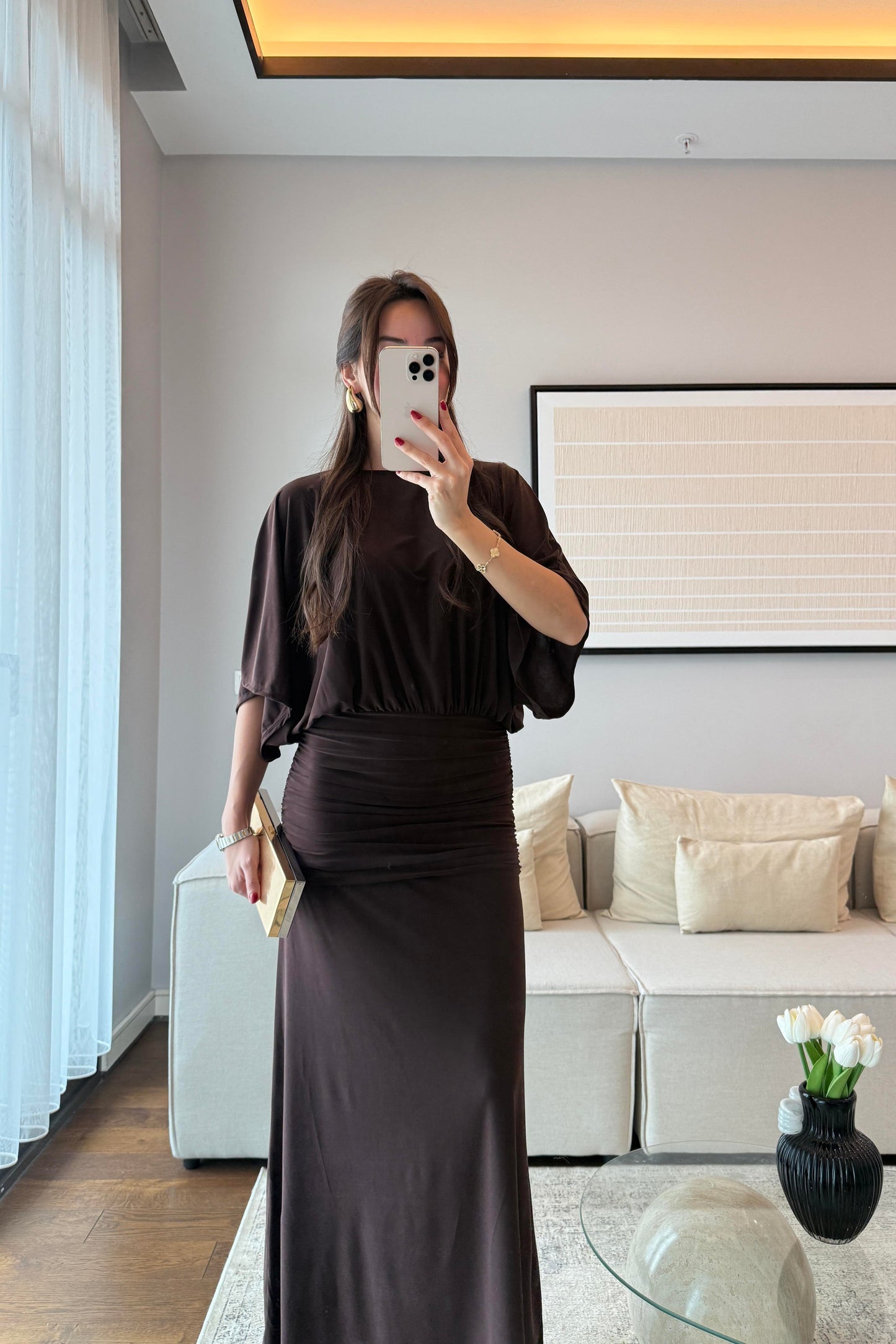 DRAPELİ MAKSİ ELBİSE-ACI KAHVE