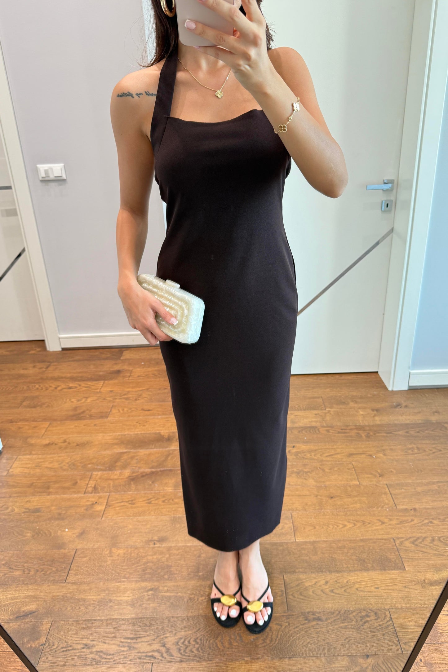 HAKTER YAKA TOPARLAYICI ELBİSE-KAHVE