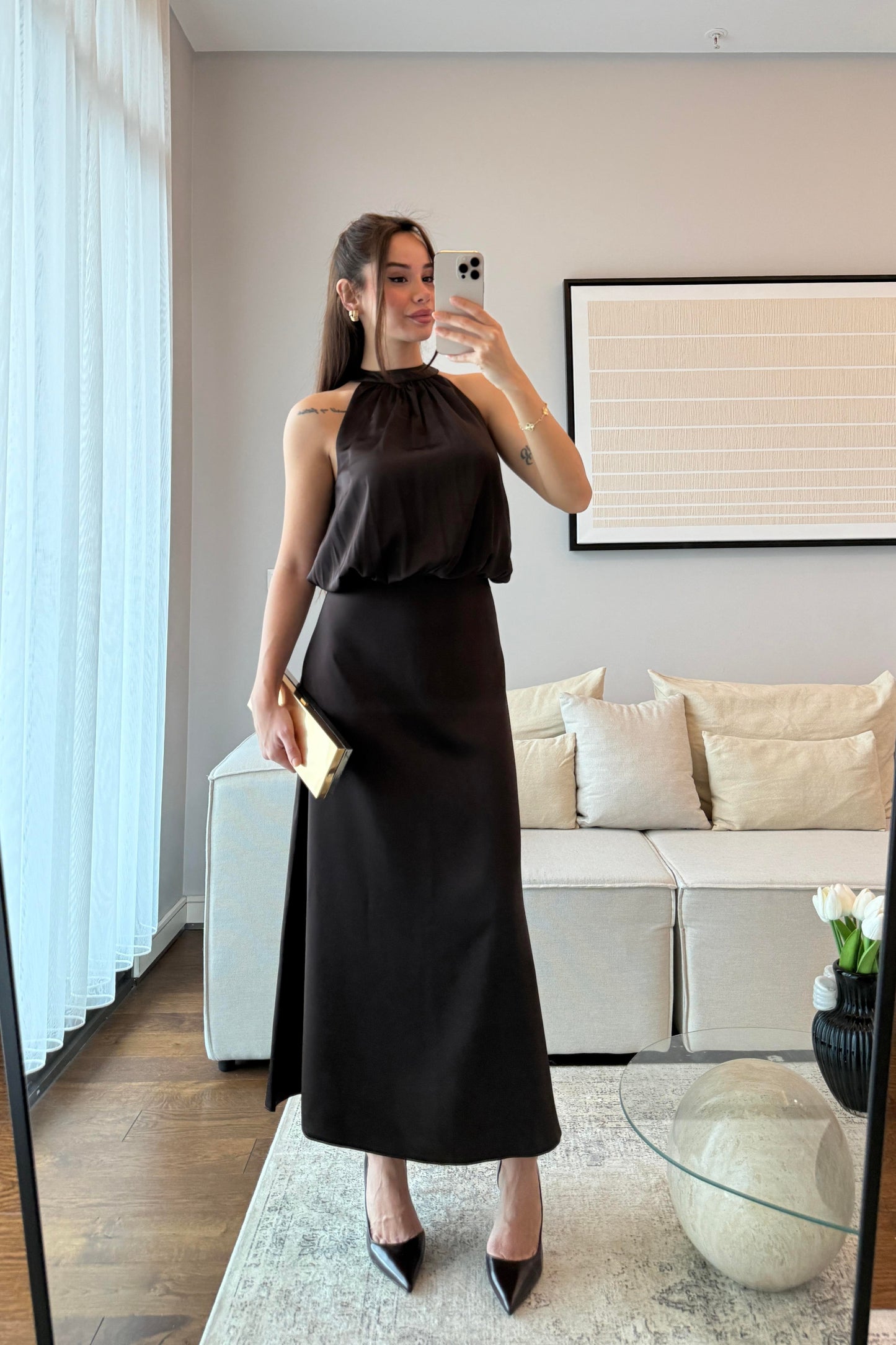 HALTER YAKA DÖKÜMLÜ ELBİSE-ACI KAHVE