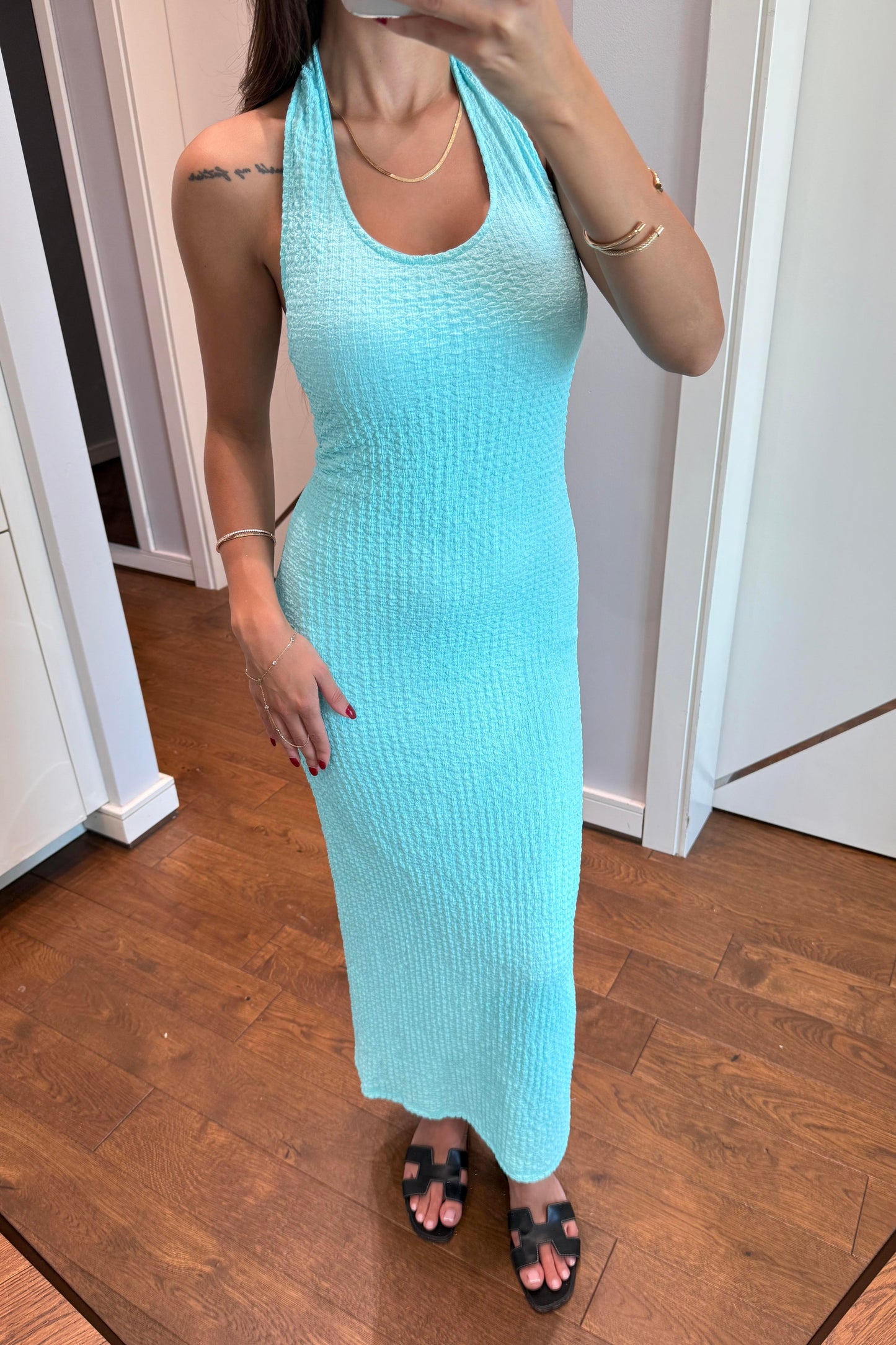 HALTER YAKA TURKUAZ ELBİSE