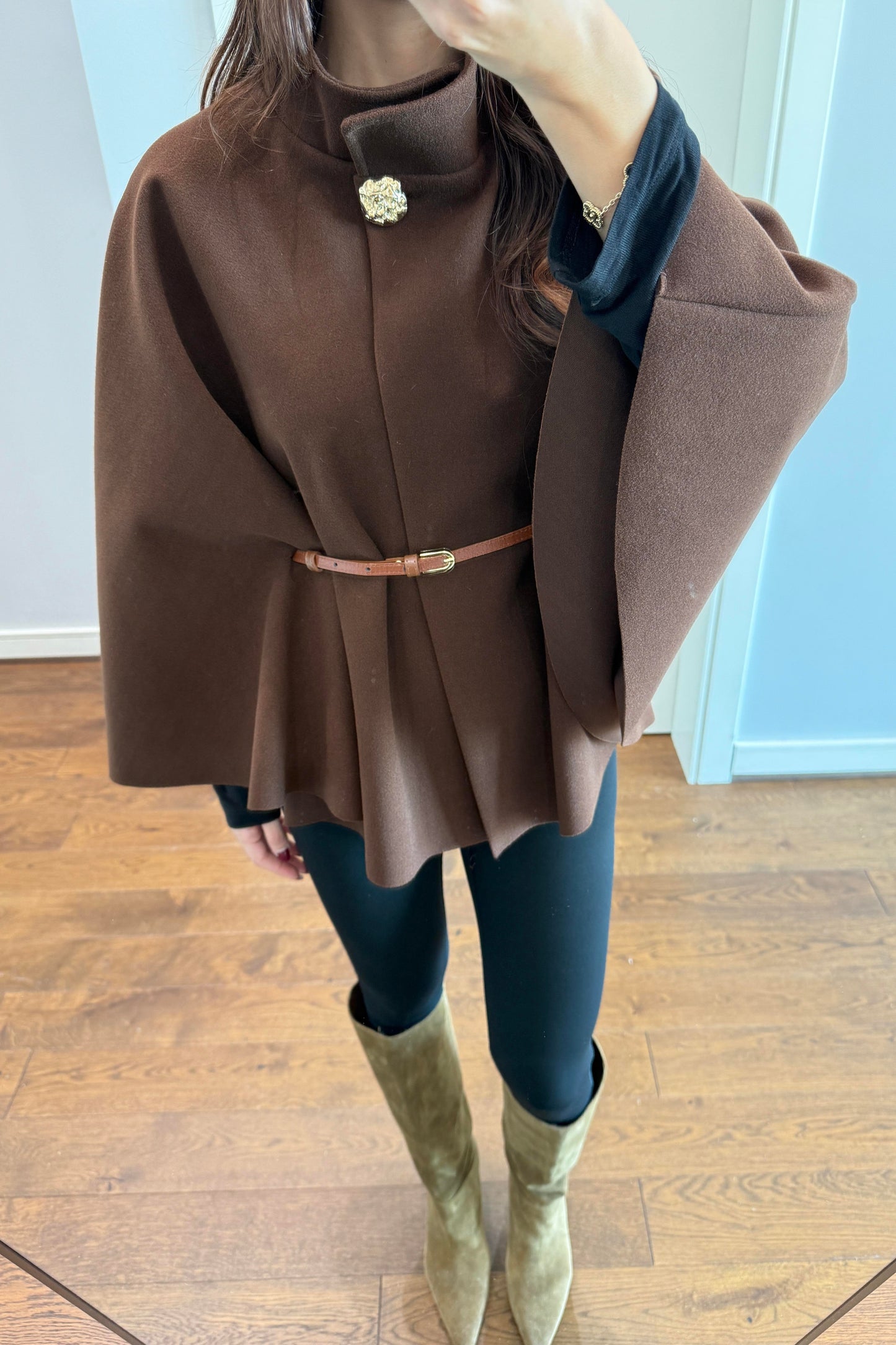 KAŞE KEMERLİ PANÇO- KAHVE