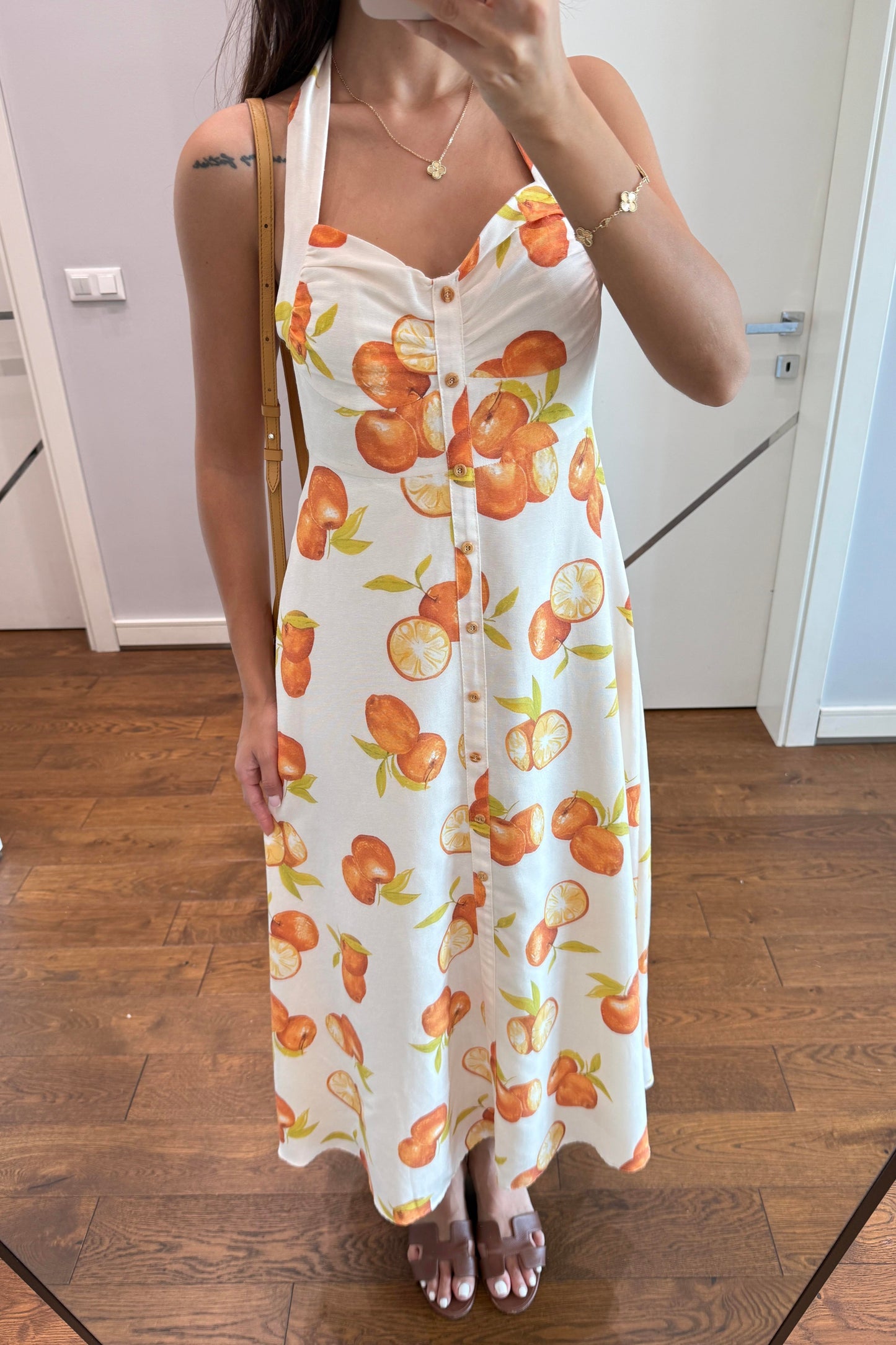 MUADİL PORTAKAL DESEN KETEN ELBİSE