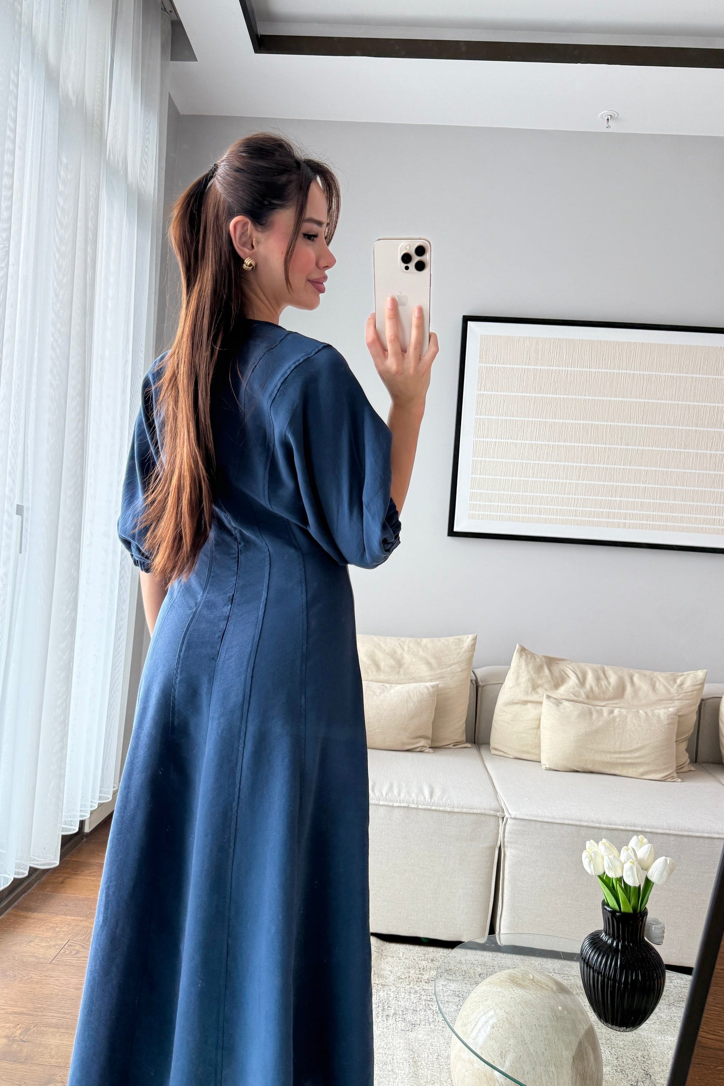 YARASA KOL MİDİ ELBİSE-İNDİGO