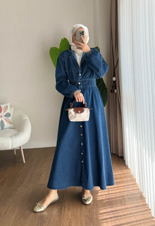 Boydan Düğmeli Beli Lastikli Kot Elbise Lacivert