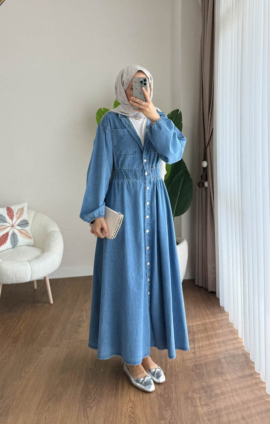 Boydan Düğmeli Beli Lastikli Kot Elbise Mavi