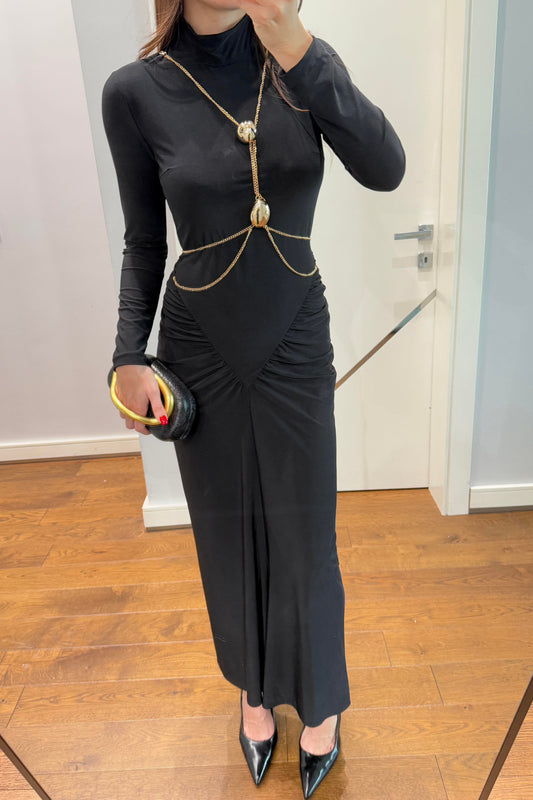 AKSESUAR DETAYLI TASARIM ELBİSE-SİİYAH