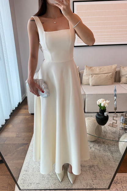 ARKADAN BAĞLAMALI VOLANLI ELBİSE-EKRU