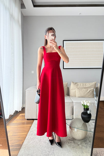 ARKADAN BAĞLAMALI VOLANLI ELBİSE-KIRMIZI