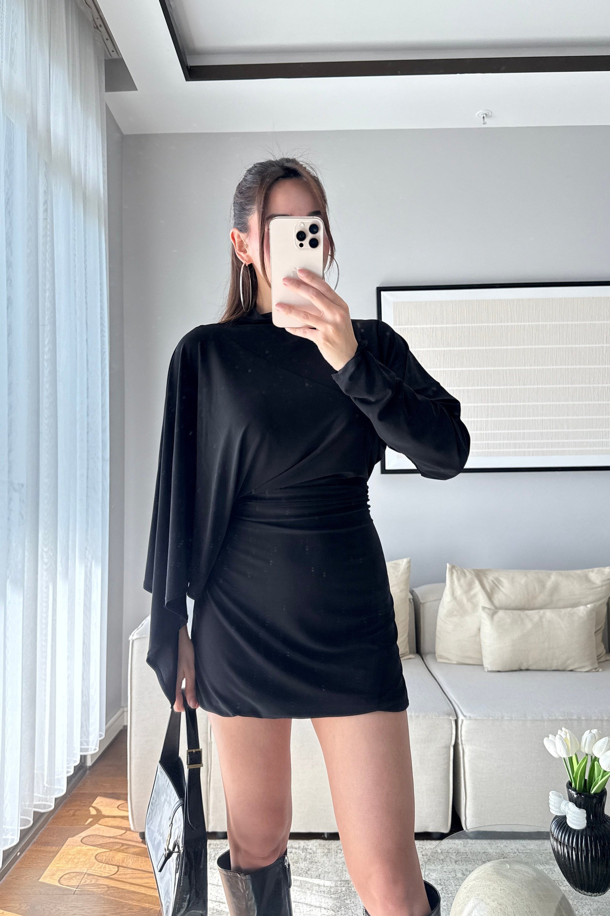 ASİMETRİK KESİM DRAPELİ ELBİSE-SİYAH