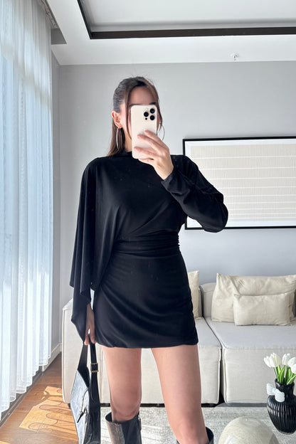 ASİMETRİK KESİM DRAPELİ ELBİSE-SİYAH