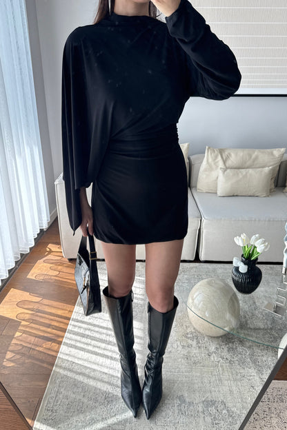 ASİMETRİK KESİM DRAPELİ ELBİSE-SİYAH