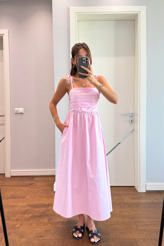 ASKILARI BAĞLAMALI POPLİN ELBİSE - PEMBE