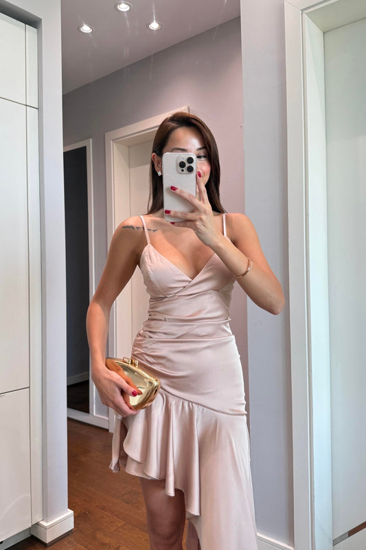 ASKLI ASİMETRİK SATEN ELBİSE