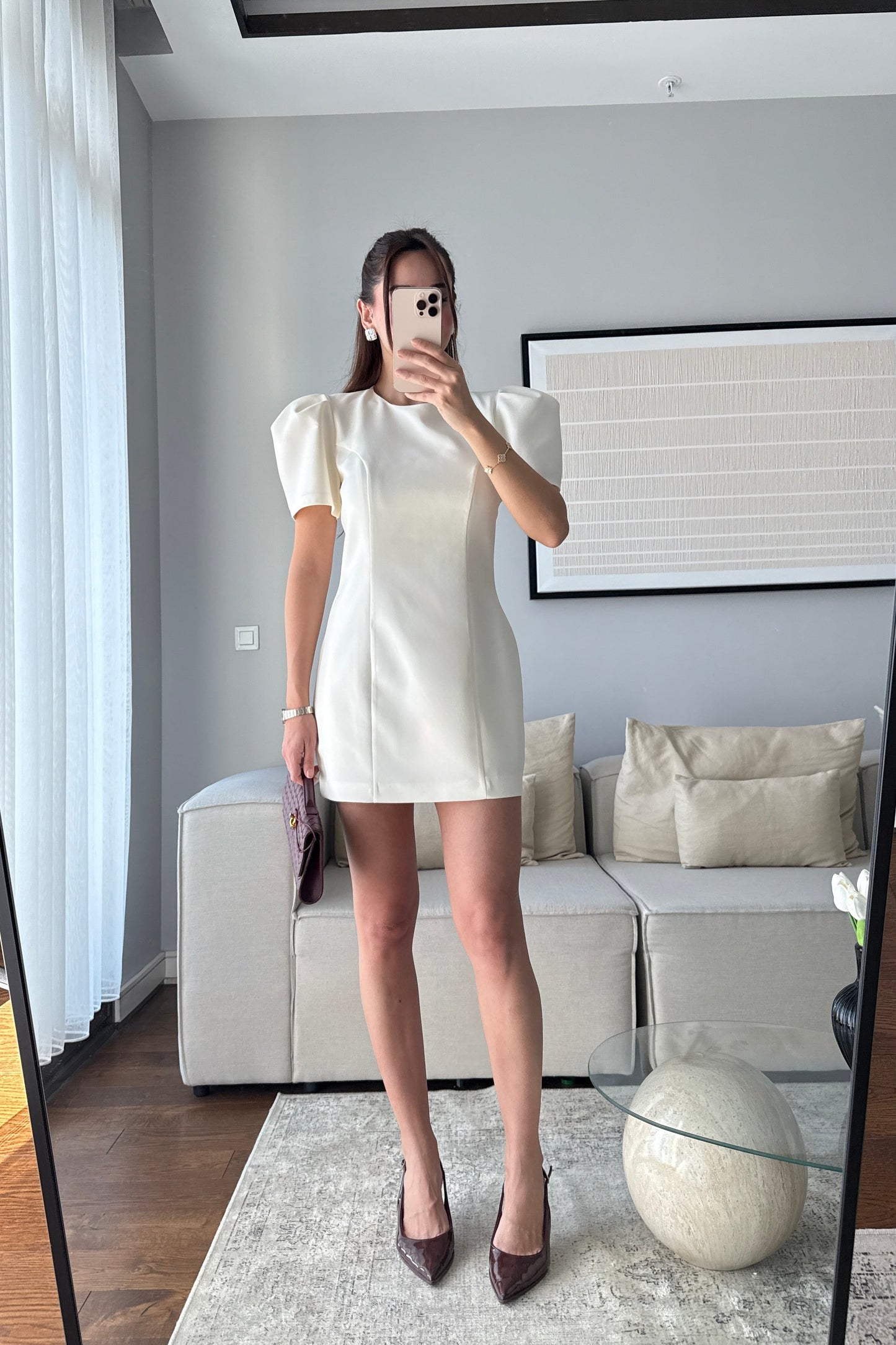 BALON KOLLU MİNİ ELBİSE-EKRU