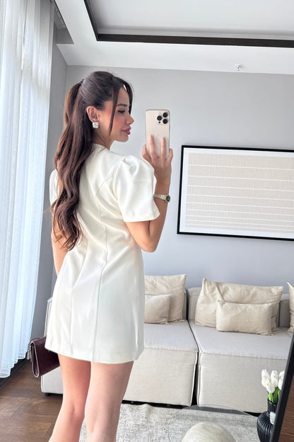 BALON KOLLU MİNİ ELBİSE-EKRU