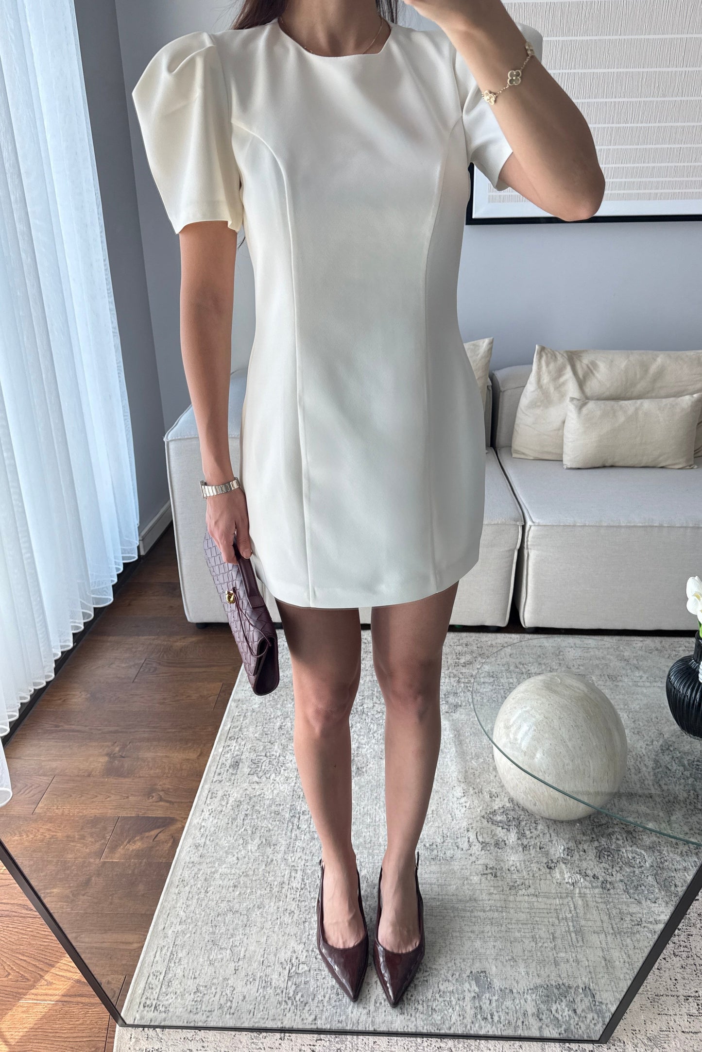 BALON KOLLU MİNİ ELBİSE-EKRU