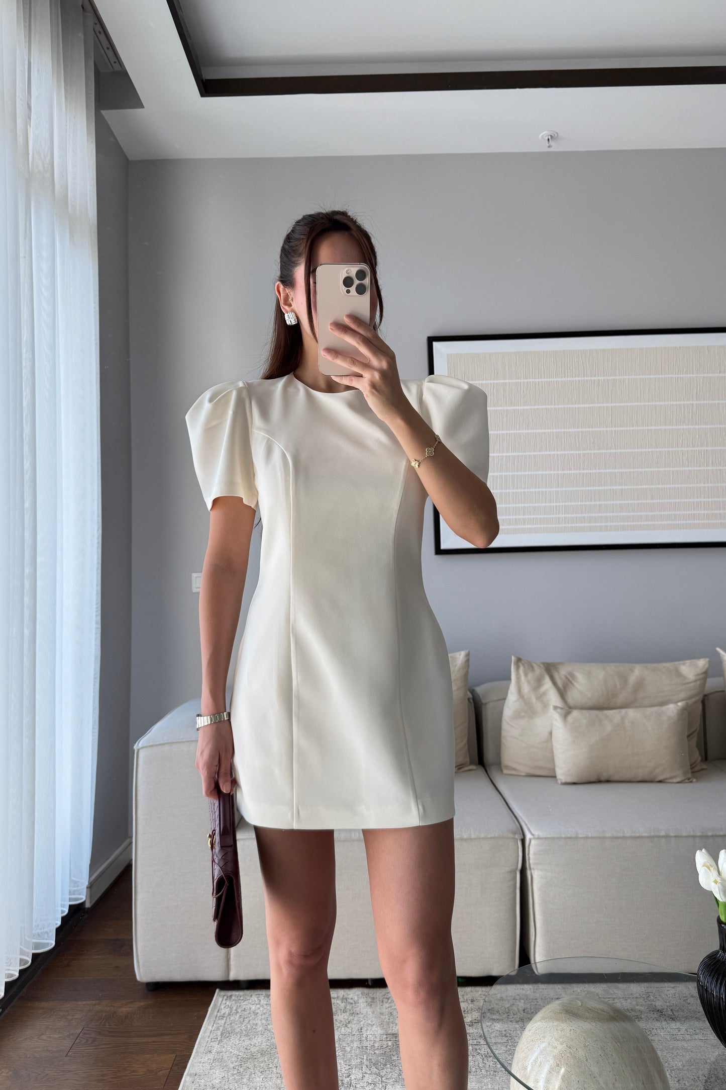 BALON KOLLU MİNİ ELBİSE-EKRU