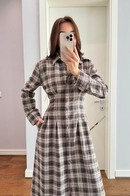 BELDEN OTURTMALI EKOSE ELBİSE-KAHVE