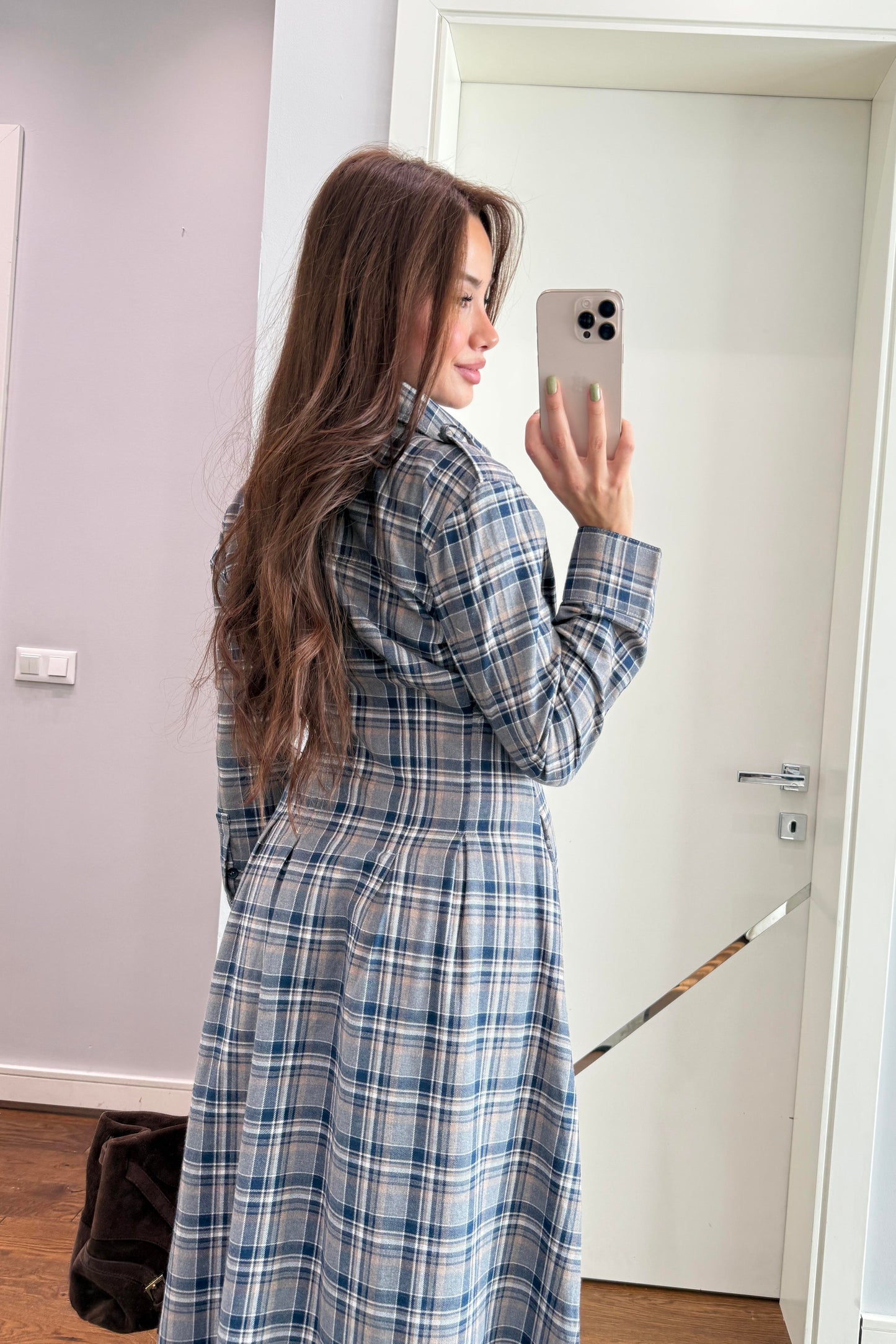 BELDEN OTURTMALI EKOSE ELBİSE-LACİVERT