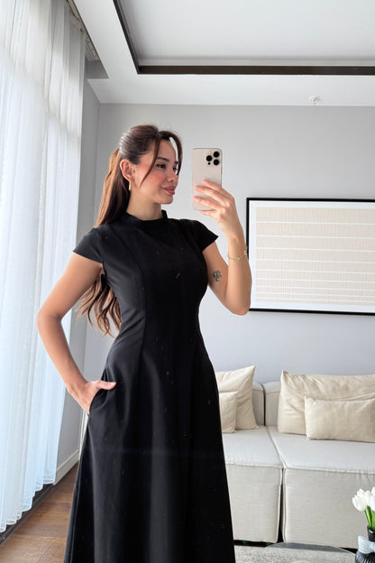 AY KOLLU KUPLU ELBİSE-SİYAH