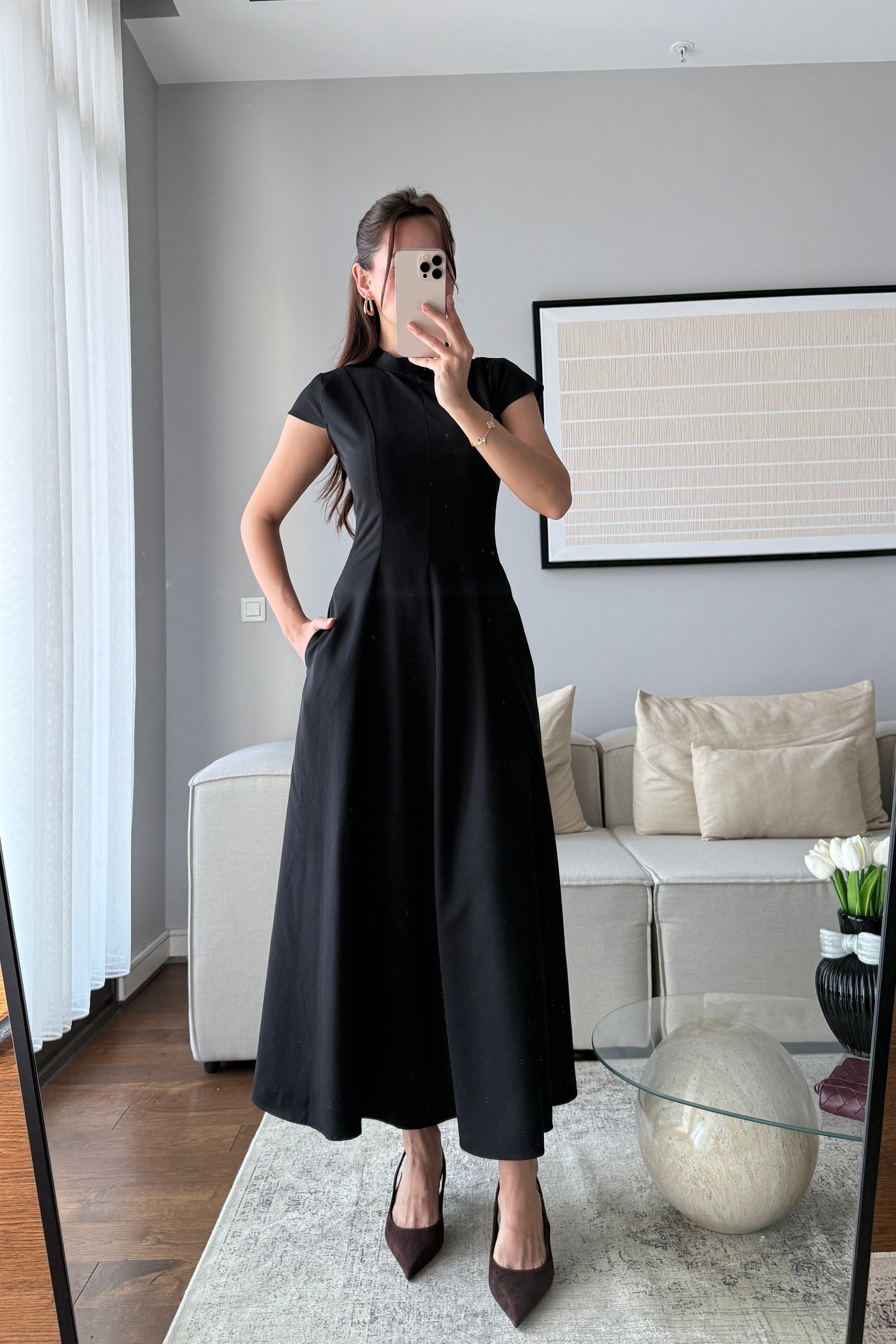 AY KOLLU KUPLU ELBİSE-SİYAH