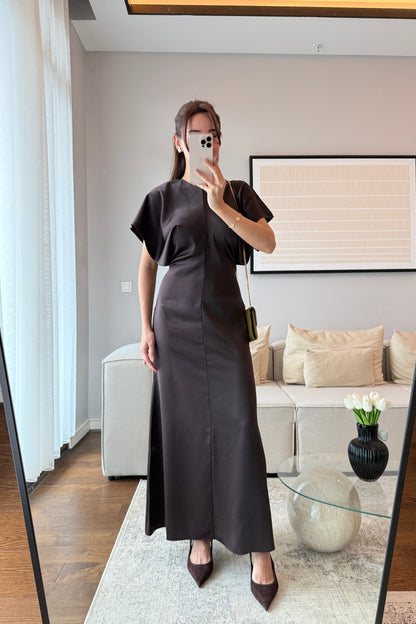 BELDEN OTURTMALI PİNTEREST SATEN ELBİSE-ACI KAHVE