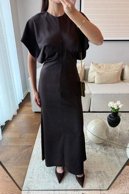 BELDEN OTURTMALI PİNTEREST SATEN ELBİSE-ACI KAHVE