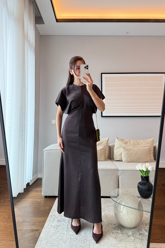 BELDEN OTURTMALI PİNTEREST SATEN ELBİSE-ACI KAHVE