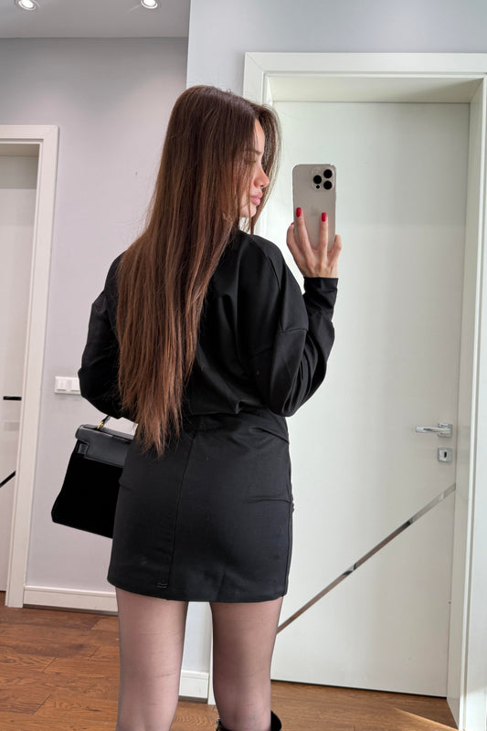 BİSİKLET YAKA BELDEN OTURTMALI ELBİSE-SİYAH