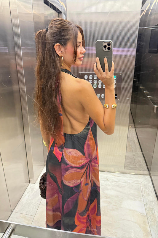 BOYUNDAN BAĞLAMALI ÇİÇEK DESENLİ ELBİSE