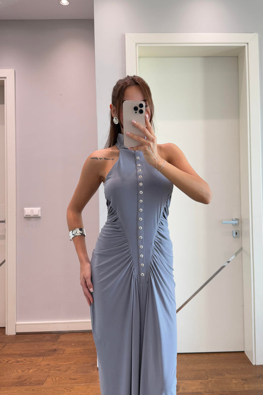 DRAPELİ DÜĞMELİ GRİ MAXİ ELBİSE