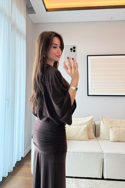 DRAPELİ MAKSİ ELBİSE-ACI KAHVE