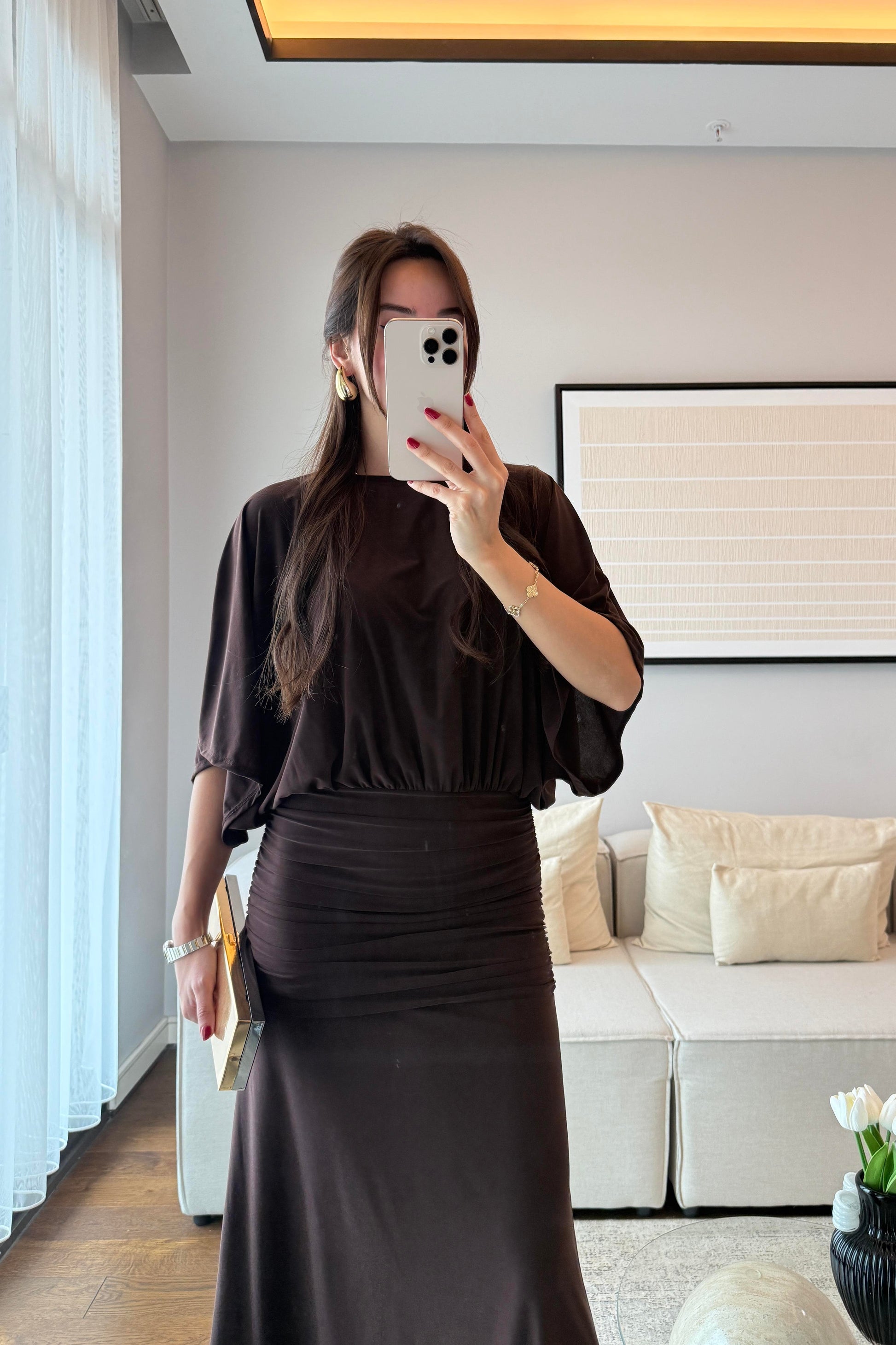 DRAPELİ MAKSİ ELBİSE-ACI KAHVE