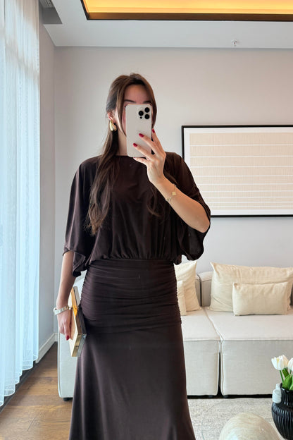 DRAPELİ MAKSİ ELBİSE-ACI KAHVE