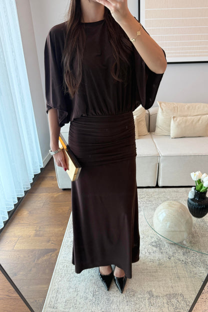 DRAPELİ MAKSİ ELBİSE-ACI KAHVE