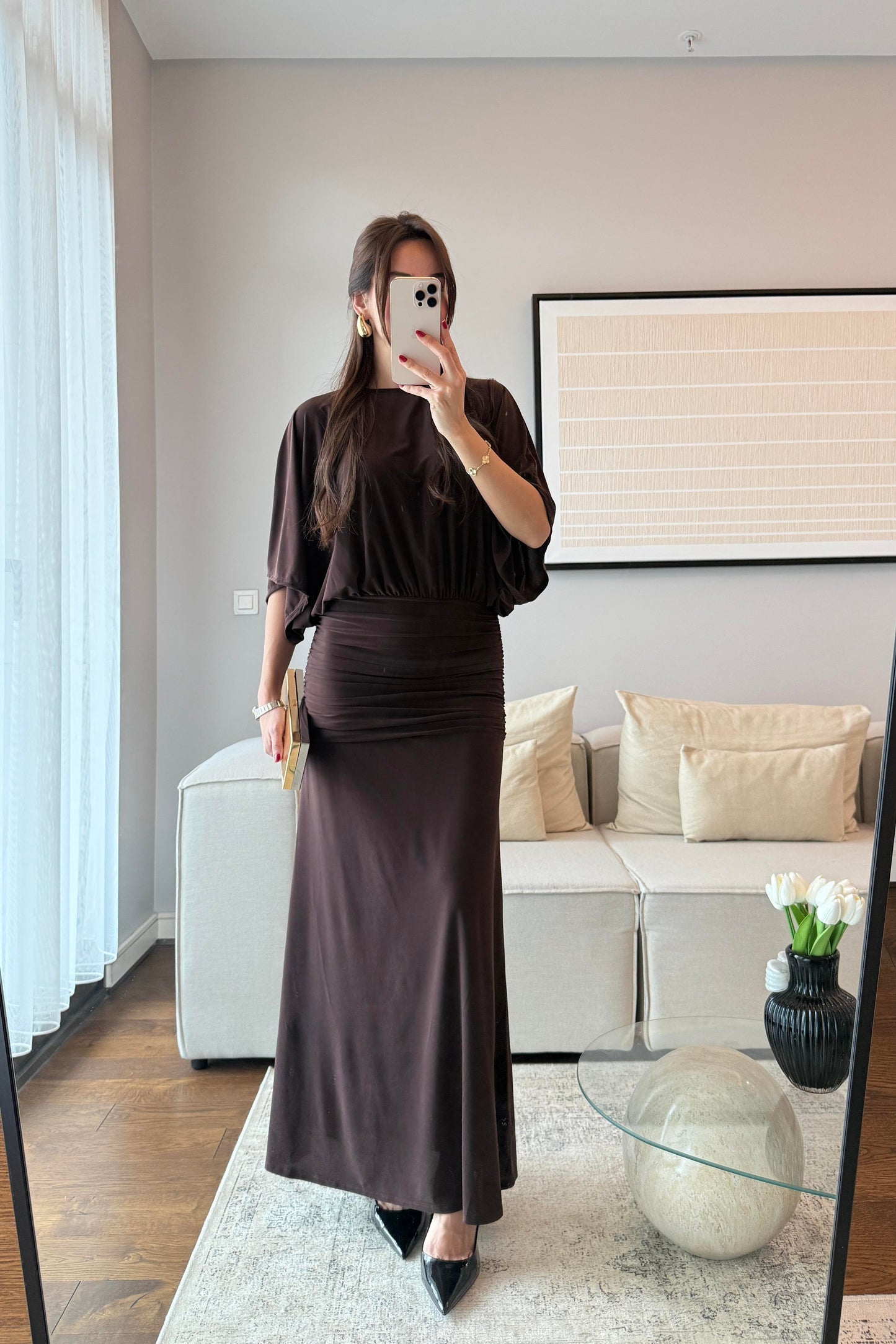 DRAPELİ MAKSİ ELBİSE-ACI KAHVE