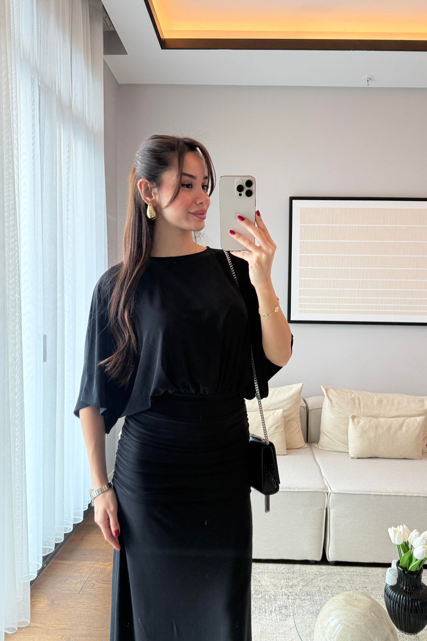 DRAPELİ MAKSİ ELBİSE-SİYAH