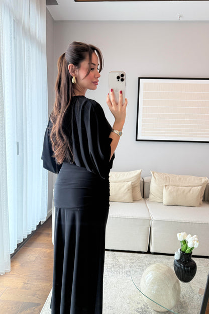 DRAPELİ MAKSİ ELBİSE-SİYAH