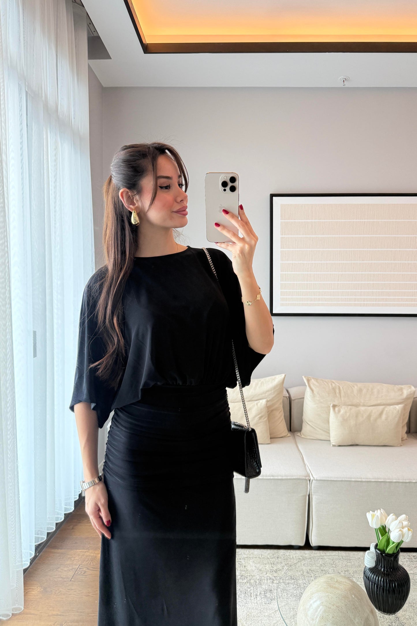 DRAPELİ MAKSİ ELBİSE-SİYAH