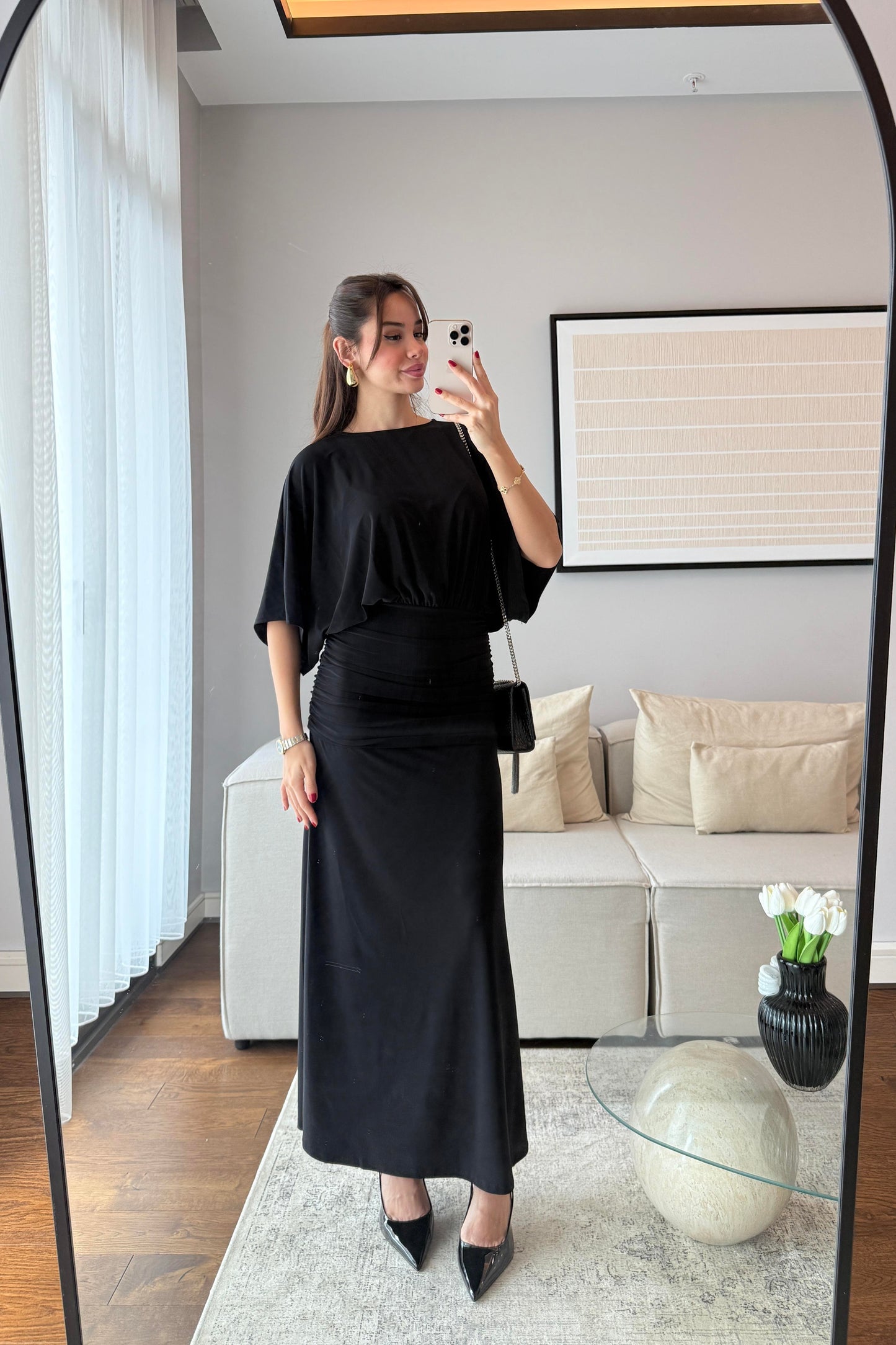 DRAPELİ MAKSİ ELBİSE-SİYAH