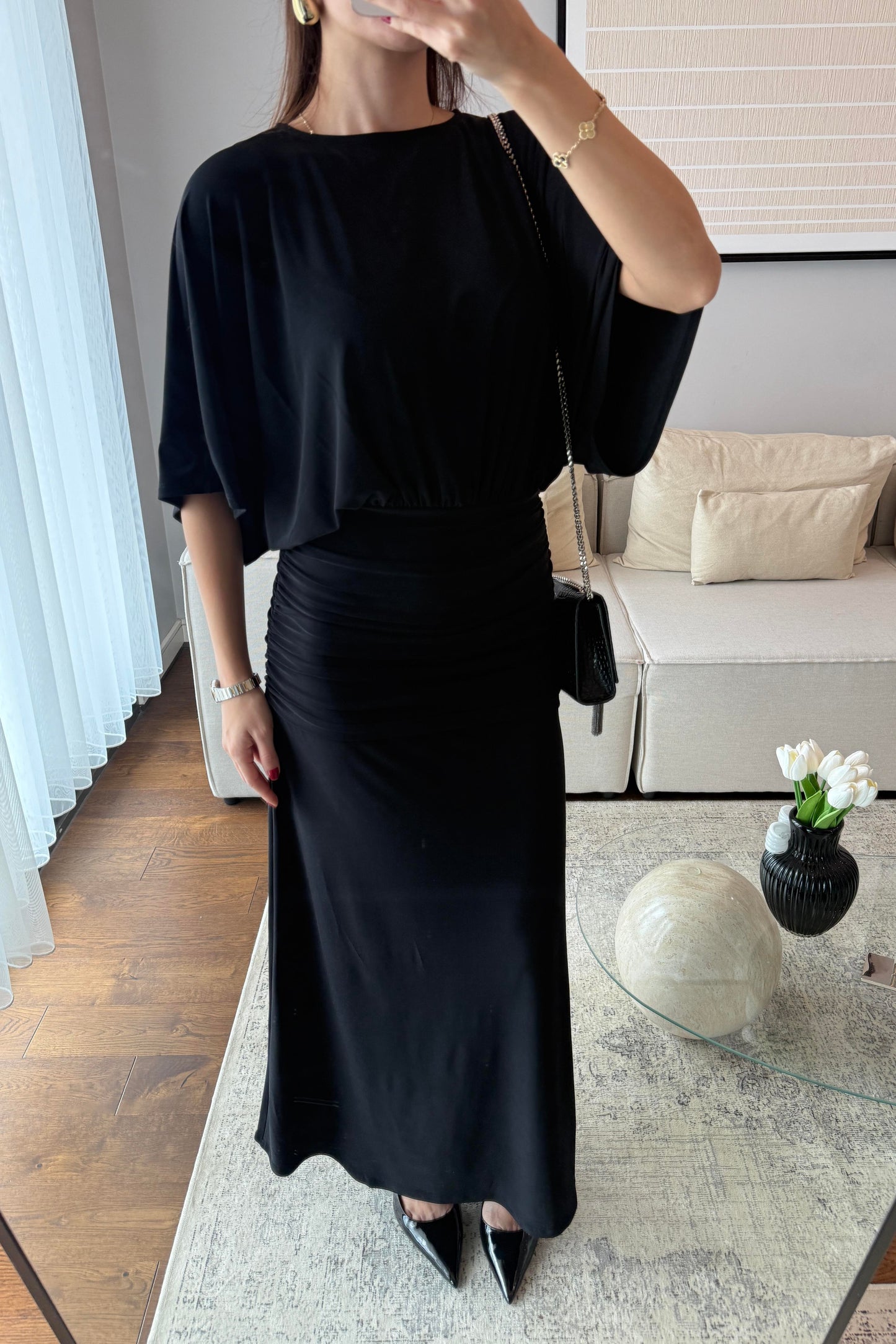 DRAPELİ MAKSİ ELBİSE-SİYAH