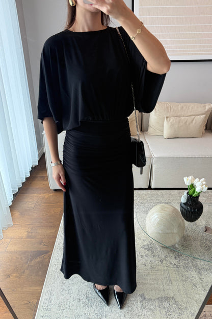 DRAPELİ MAKSİ ELBİSE-SİYAH