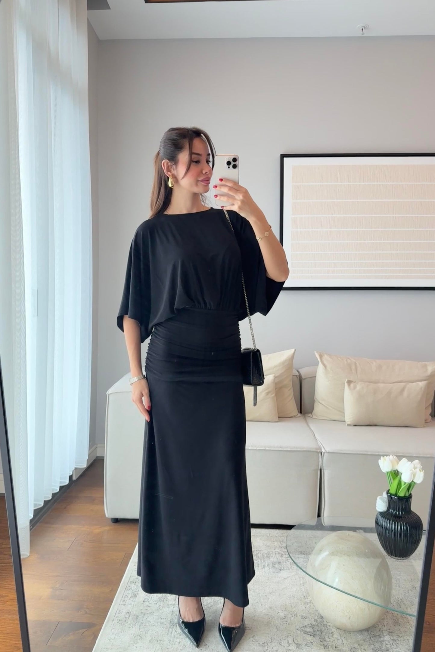 DRAPELİ MAKSİ ELBİSE-SİYAH