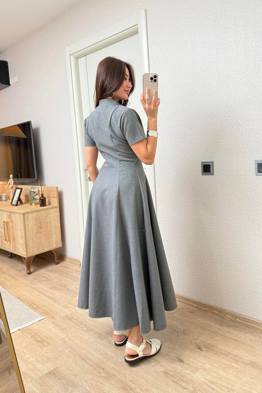 FERMUARLI MİDİ GRİ ELBİSE