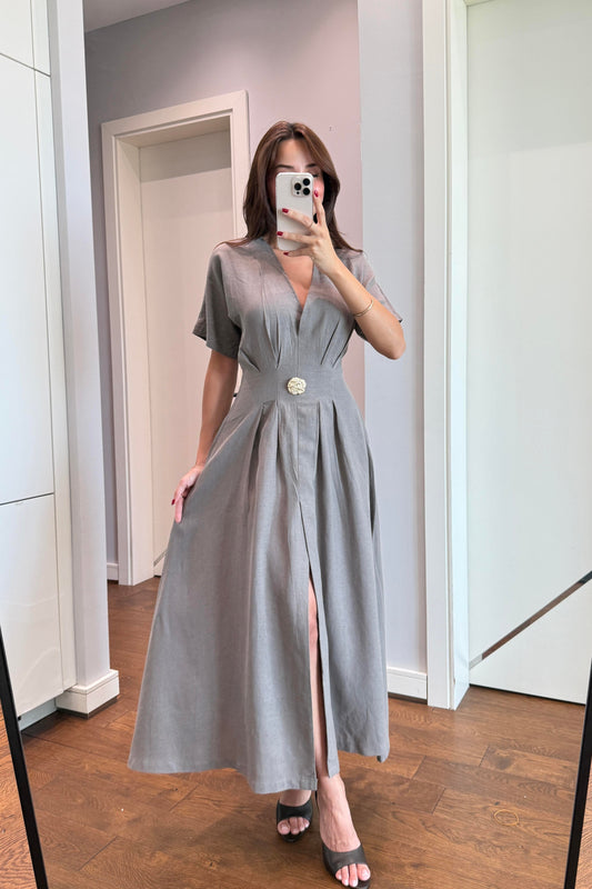 GOLD AKSESUARLI HAM KETEN ELBİSE -YEŞİL