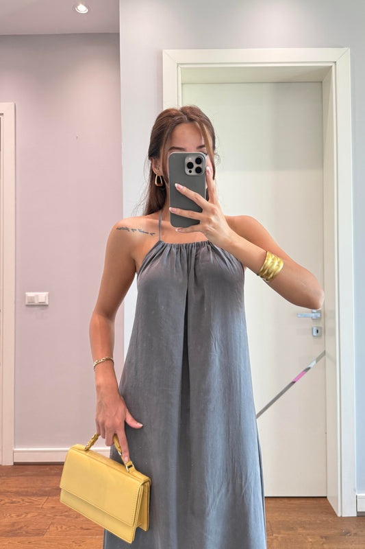 HALTER YAKA ARKA DEKOLTELİ TENSEL ELBİSE