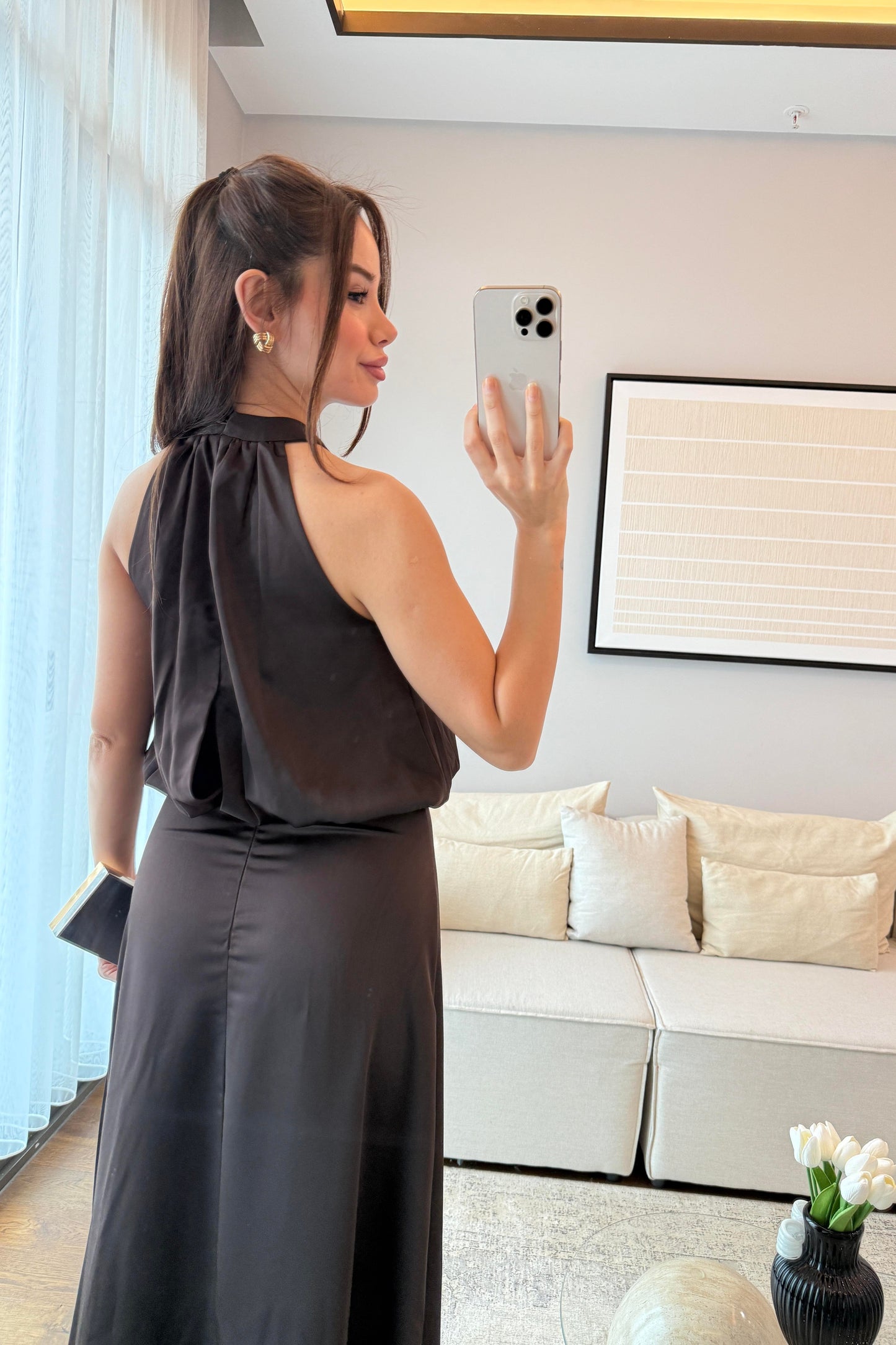 HALTER YAKA DÖKÜMLÜ ELBİSE-ACI KAHVE